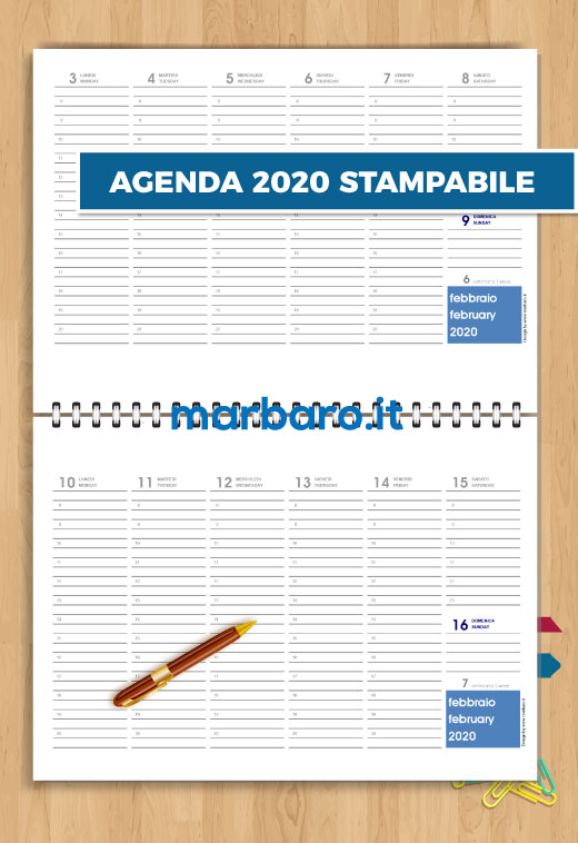 Agenda 2020 da tavolo in PDF stampabile da scaricare gratis