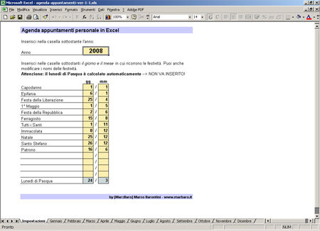 Schermata del foglio impostazioni dell'agenda in Excel