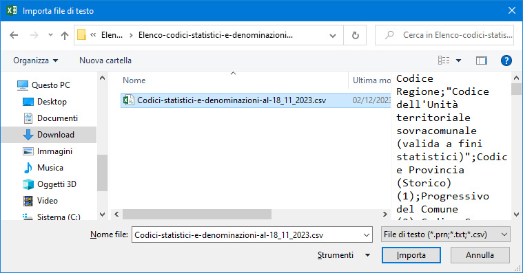 Aprire un file CSV con Excel - Passo 3