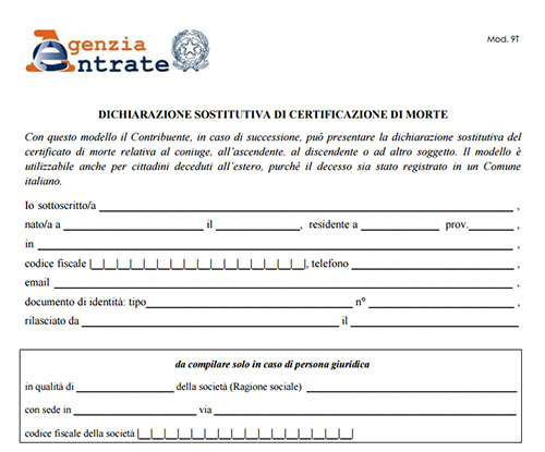 Modello Autocertificazione Di Morte Per Agenzia Delle Entrate