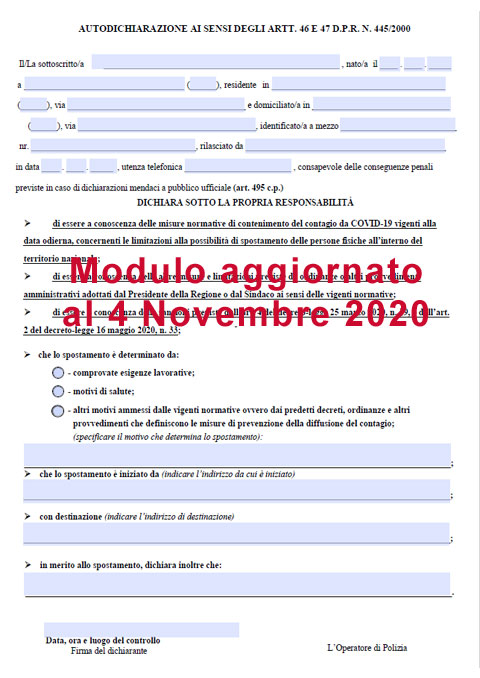 Autocertificazione spostamento territorio Covid Novembre 2020