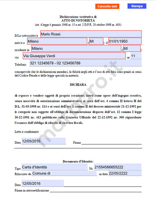 Autocertificazione vendita opere dell'ingegno da stampare