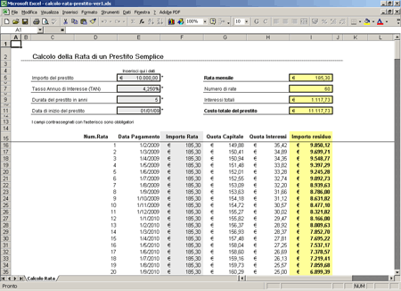Applicazione Excel per il calcolo della rata di un prestito