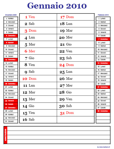 Calendario 2010 con festività 12 mesi