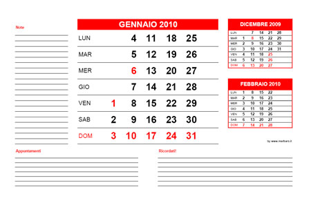 Calendario 2010 su 12 mesi da scaricare