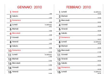 calendario 2010 con numeri settimana
