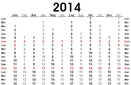 Calendario per l'anno 2014