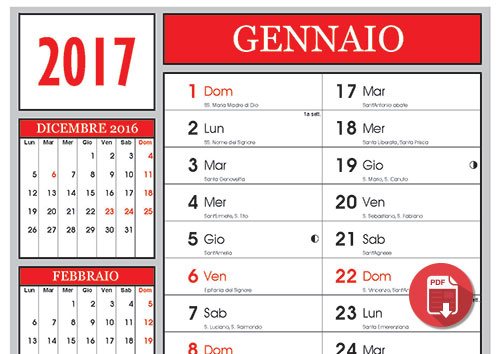 Calendari 2017 con santi e fasi lunari
