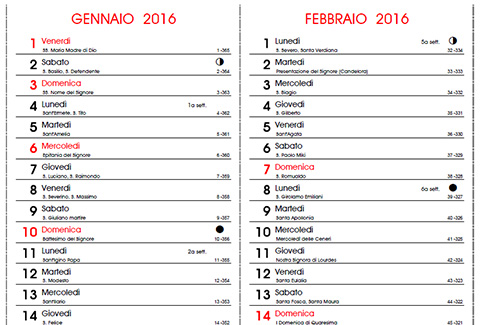 Calendario 2016 con santi e lune