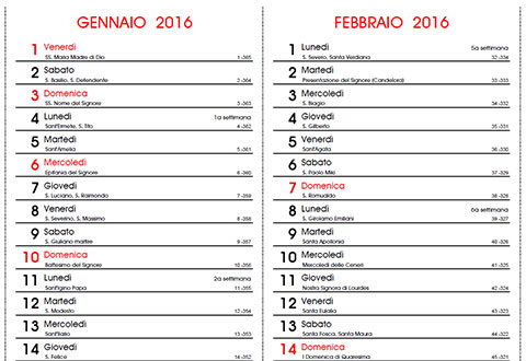 Calendario 2016 con santi del giorno