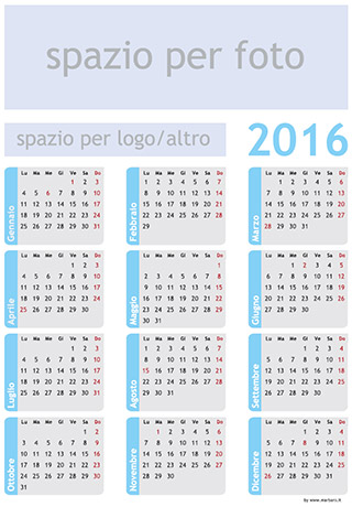 Calendario 2016 vettoriale