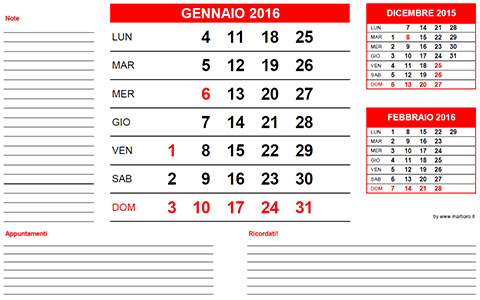 Calendario 2016 con note
