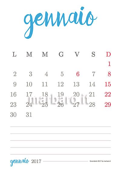 Calendario 2017 mensile da scaricare