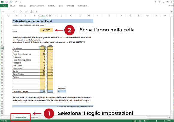 Calendario 2022 Excel con le festività