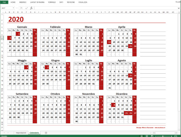 Calendario Excel gratis annuale