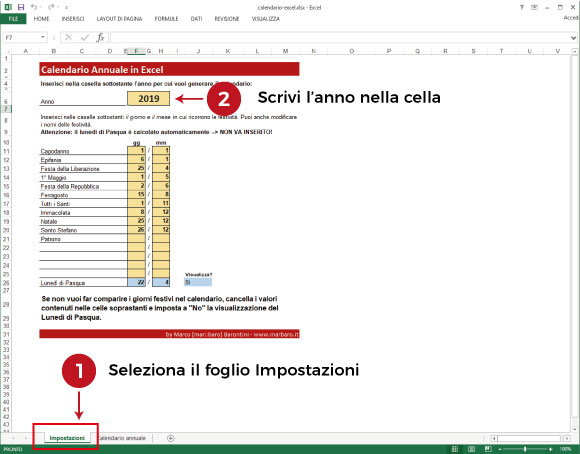 Calendario Excel: impostazioni 