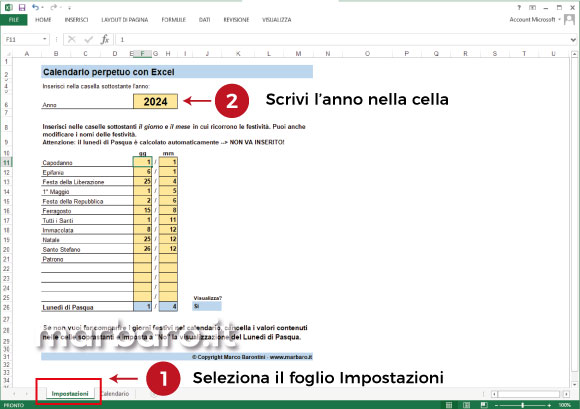 Calendario Excel 2024 con le festività dell'Italia