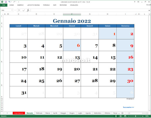 Calendario Excel mensile perpetuo