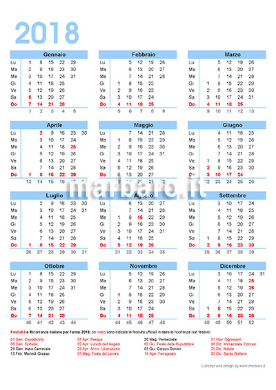 Calendario 2018 italiano con festività