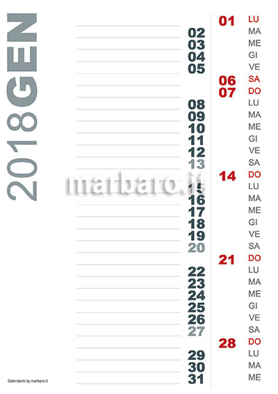 Calendario 2018 mese per mese