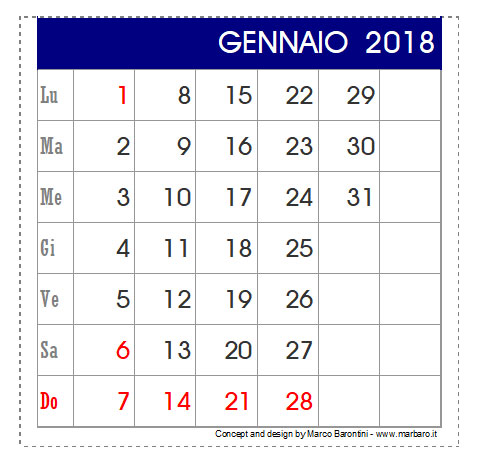 Calendario 2018 da tavolo da stampare