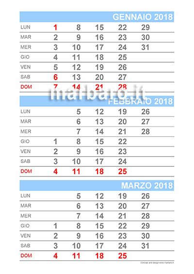 Calendario mensile 2018 3 mesi per pagina