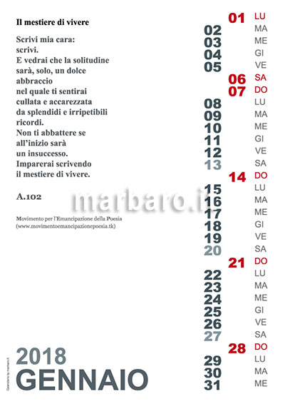 Calendario mensile 2018 con poesie del MeP