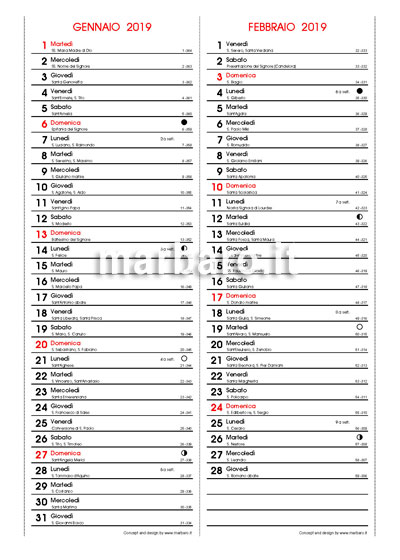 Calendario 2019 con santi e lune in PDF da stampare
