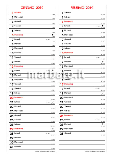 Calendario 2019 con le lune da stampare