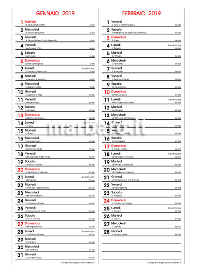 Calendario 2019 con i santi e le settimane