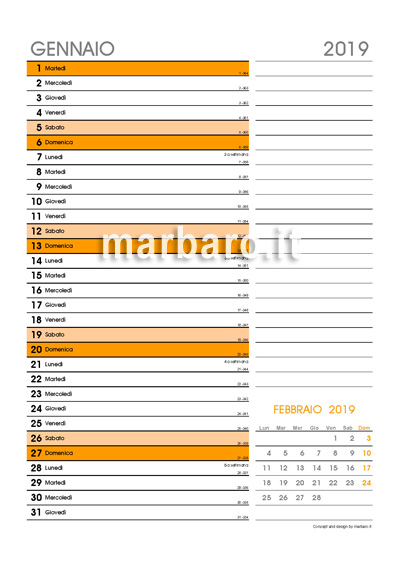 Calendario 2019 mensile con conteggio giorni