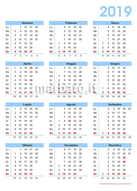 Calendario 2019 annuale su foglio A4