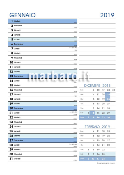 Calendario 2019 mensile con numeri settimane