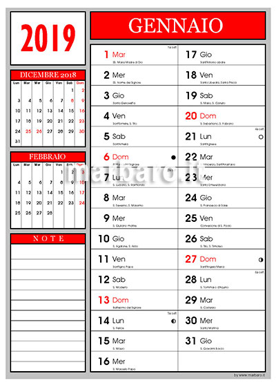 Calendario 2019 mensile con santi e lune