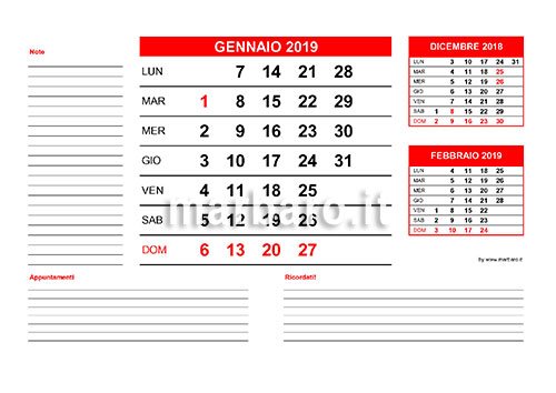 Calendario 2019 mensile da scaricare gratis