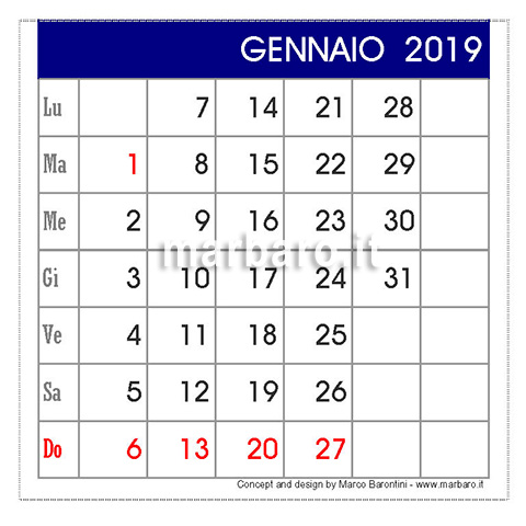 Calendario 2019 da tavolo da stampare