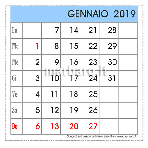 Calendario da tavolo 2019 mensile