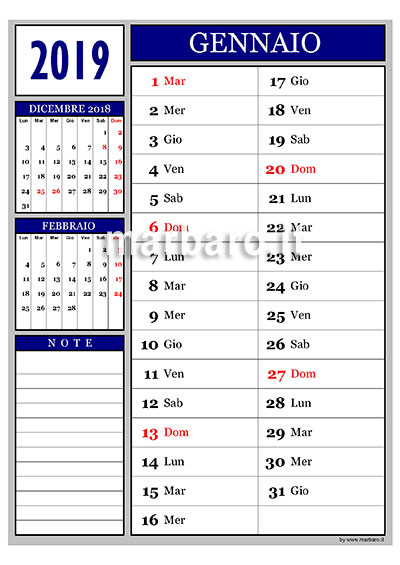 Calendario mensile 2019 con festività da stampare