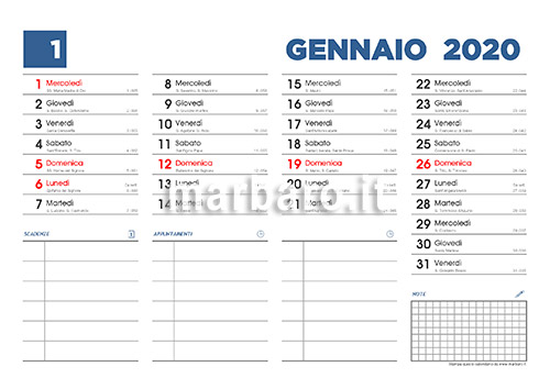 Calendario 2020 con santi e lune