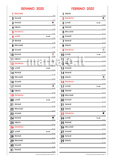 Calendario 2020 con le lune e il conteggio delle settimane