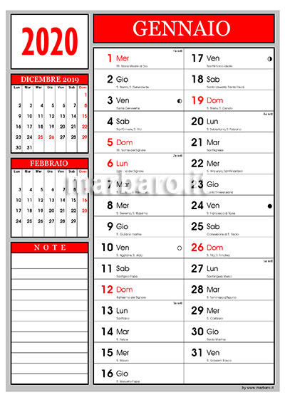 Calendario 2020 mensile con santi e lune