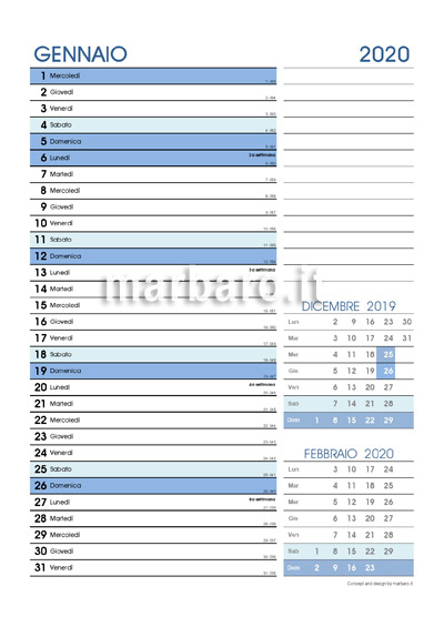 Calendario 2020 mensile con settimane e numero giorni