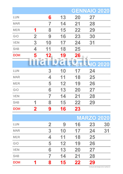 Calendario mensile 2020 in PDF 3 mesi per pagina
