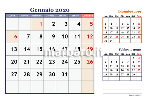 Calendario 2020 mensile alta leggibilità