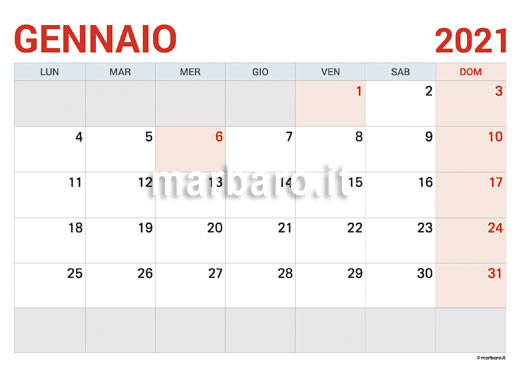 Calendario 2021 con le festività stampabile