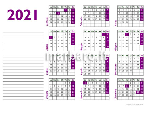 Un semplice calendario annuale 2021 da stampare