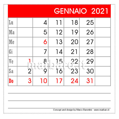 Calendario 2021 da tavolo in PDF stampabile
