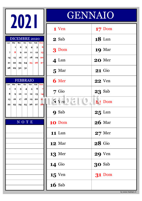 Calendario 2021 mensile da stampare con festività