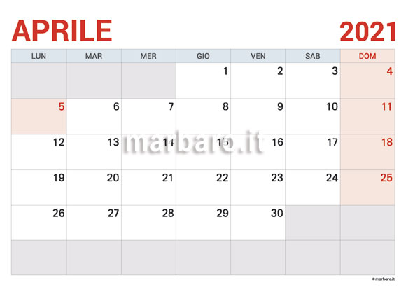 Calendario Aprile 2021 da stampare