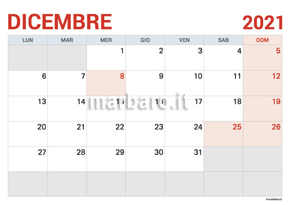 Calendario Dicembre 2021 da stampare